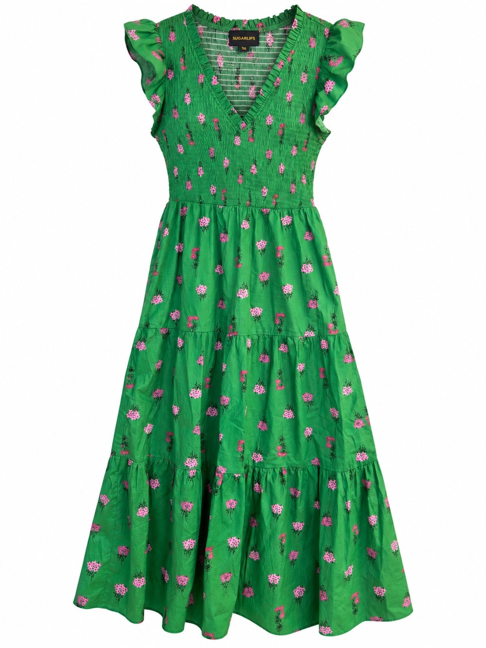 Sugarlips Green Pink Floral Smocked Tiered Cotton Maxi Dress Womens Large L